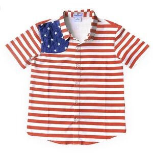 BlueQuail Red and Striped Patriotic Kids Performance Button Down Shirt, Size 6